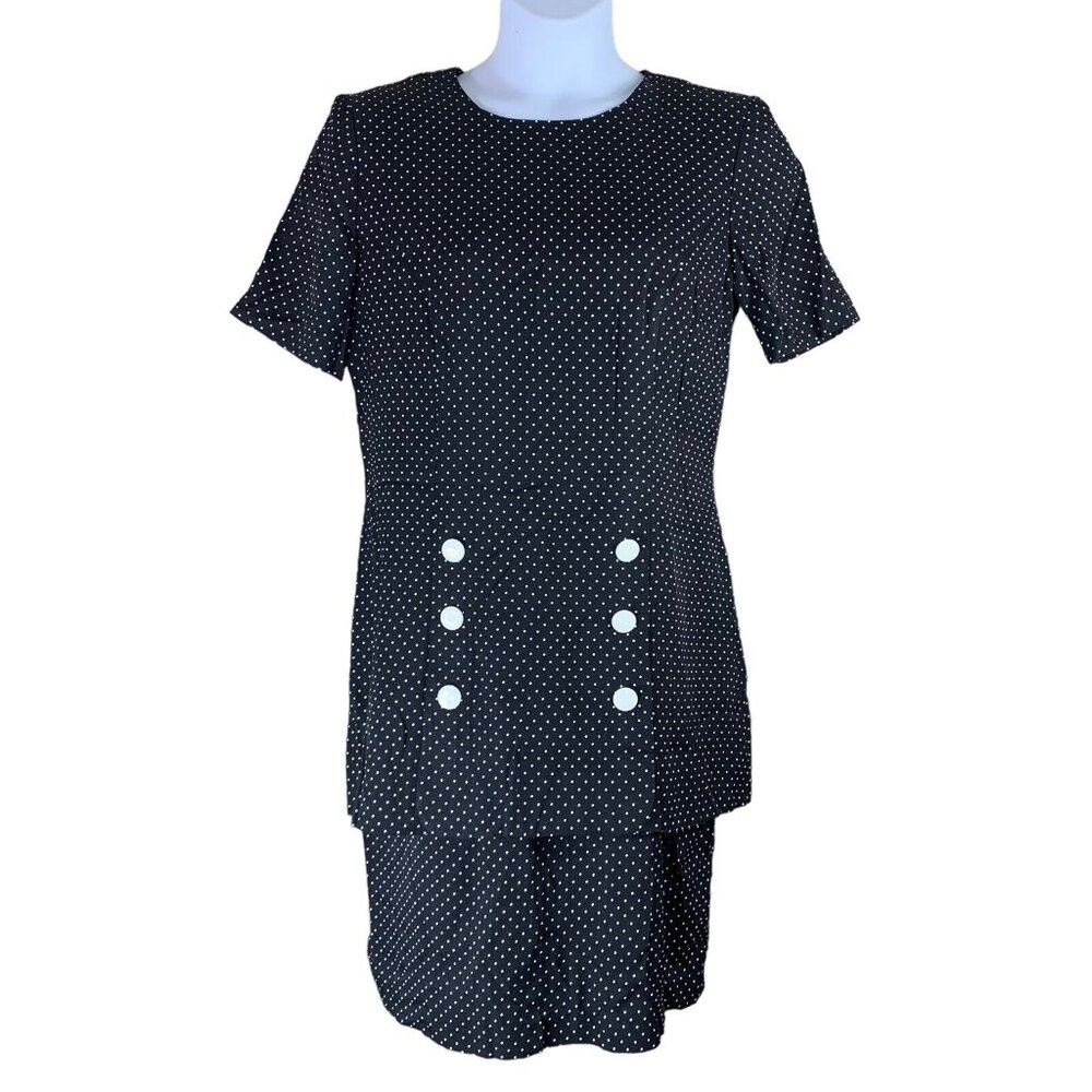 Vintage Dress WNY Size 12 Black White Polka Dot Short Sleeved Layered Button